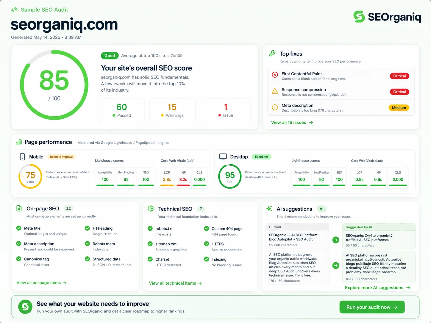 Ukážka SEO auditu od SEOrganiq pre seorganiq.com — celkové SEO skóre, Core Web Vitals (mobile a desktop), on-page SEO, technické SEO a AI návrhy meta tagov